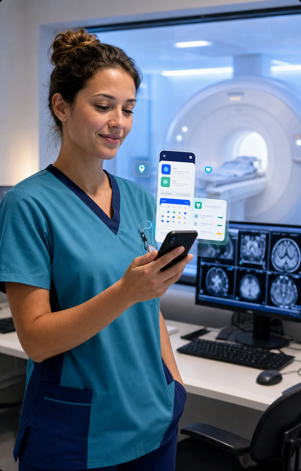 Manipulatrice en radiologie utilisant l'application mobile RadioVac